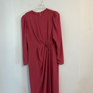 Vintage Magenta Pink Draped Maxi‎ Dress Rosette Waist ILGWU Made in USA Size 14